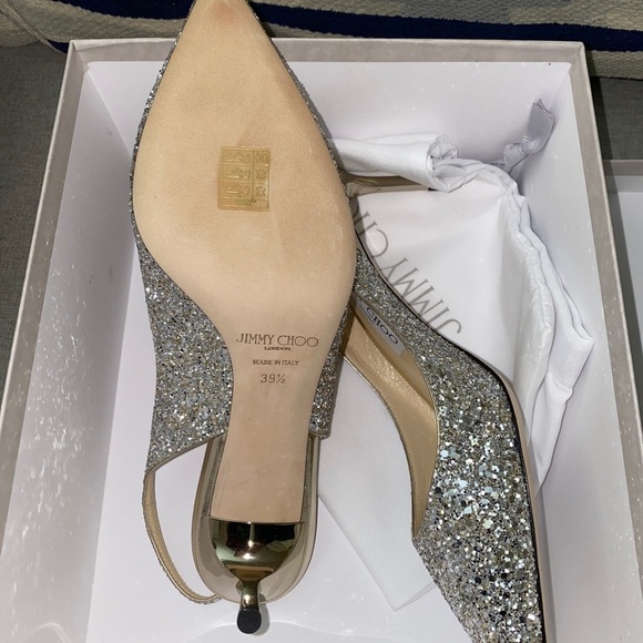 Jimmy Choo Erin 60 latte glitter metallic silver heels pump slingback SZ 39.5 - Picture 8 of 10
